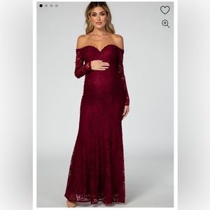 PINKBLUSH Burgundy Lace Off Shoulder Long Sleeve Maternity Maxi Dress | Small